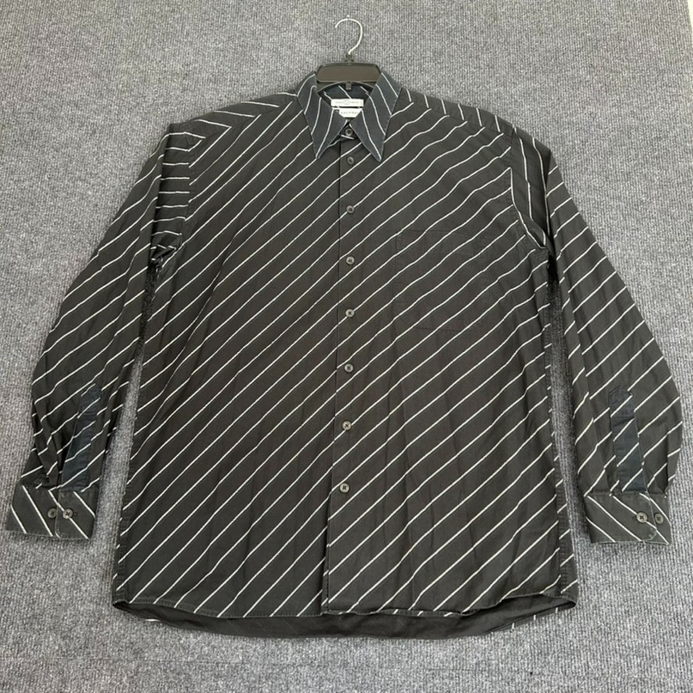 BACHRACH Men's Shirt Cotton Long Sleeve Button Down Black‎ White Stripe Large
